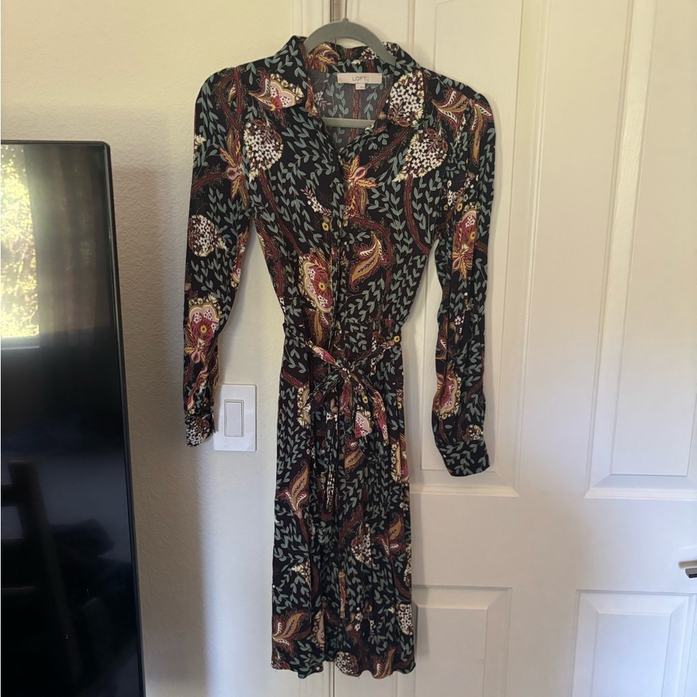 Loft Midi Button Front Floral Belted Collared Dress